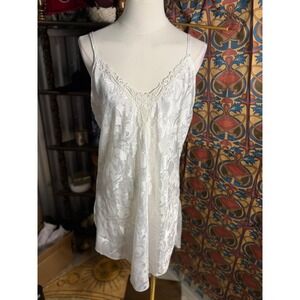 Kathryn Vintage White Floral Jacquard Satin Chemise Lace Trim Slip Dress Large